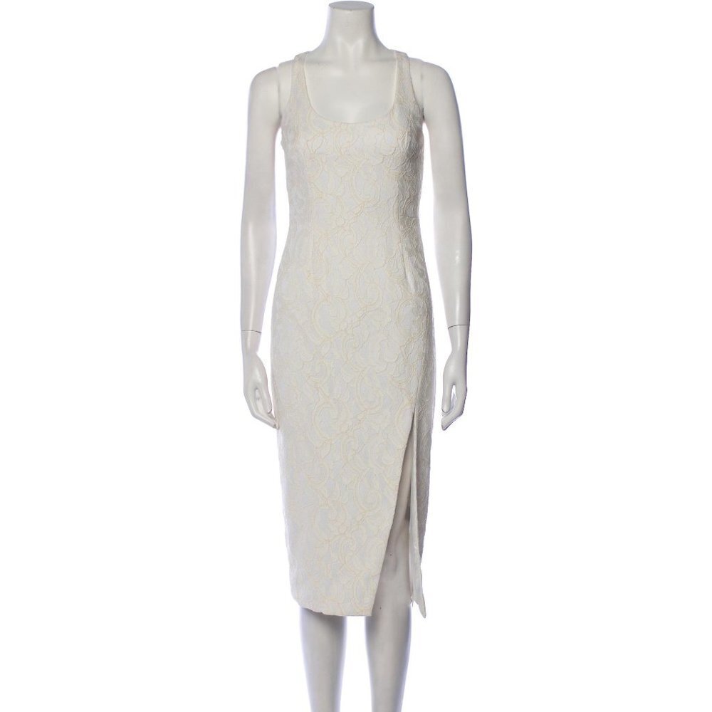 JayGodfrey White Paisley Jacquard Scoop Neck Front Slit Midi Length Dress 0